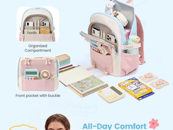 LOVEVOOK School Backpack for Teen Girls, Cute Student Bookbag Fits 15.6 Inch Laptop, Back to School Backpacks for 8-18 Teenager Kid, Large College Travel Back Pack with Water Bottle Holder Pink