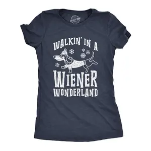 Womens Walkin In A Wiener Wonderland T Shirt Funny Christmas Song Dog Tee Funny Womens T Shirts Cute Vintage Fashion Casual Ladies T-Shirt Gift Christmas Tops for Women Funny Dog Top Women's Novelty Tees Navy