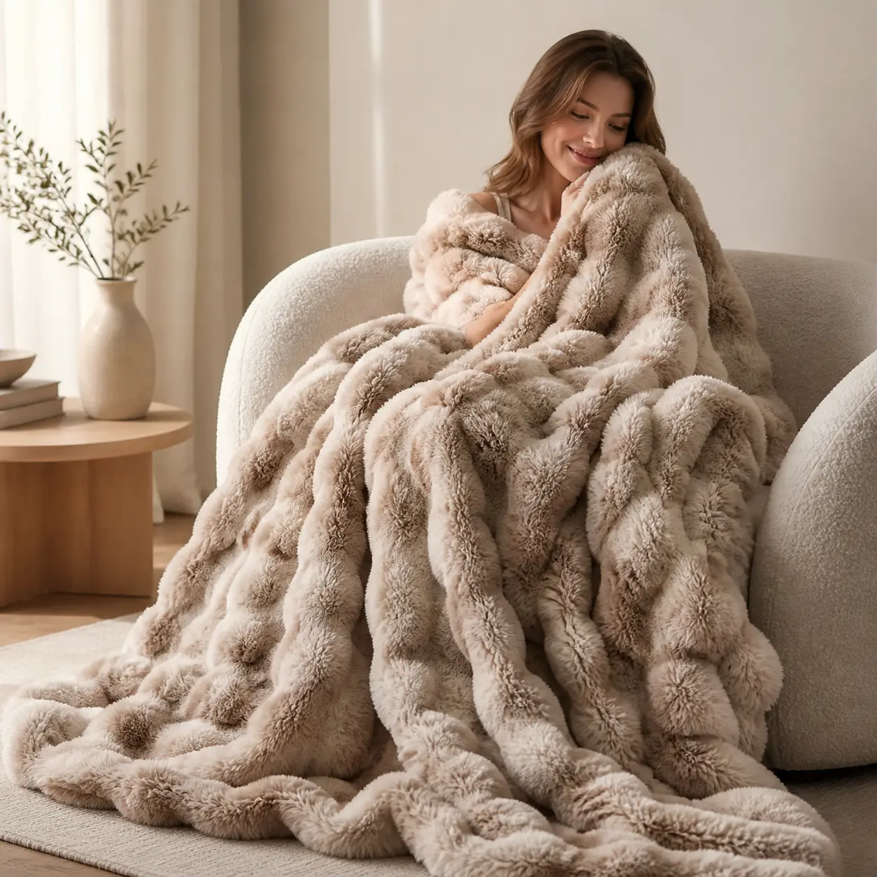 BLUNIQUE Ultra Soft Cozy Faux Fur Throw Blanket 800GSM Fuzzy Plush Thick Bubble Blanket for Couch Bed Living Room Fleece 50x60 inch High-Low Wave Design Ultimate Comfort & Warmth