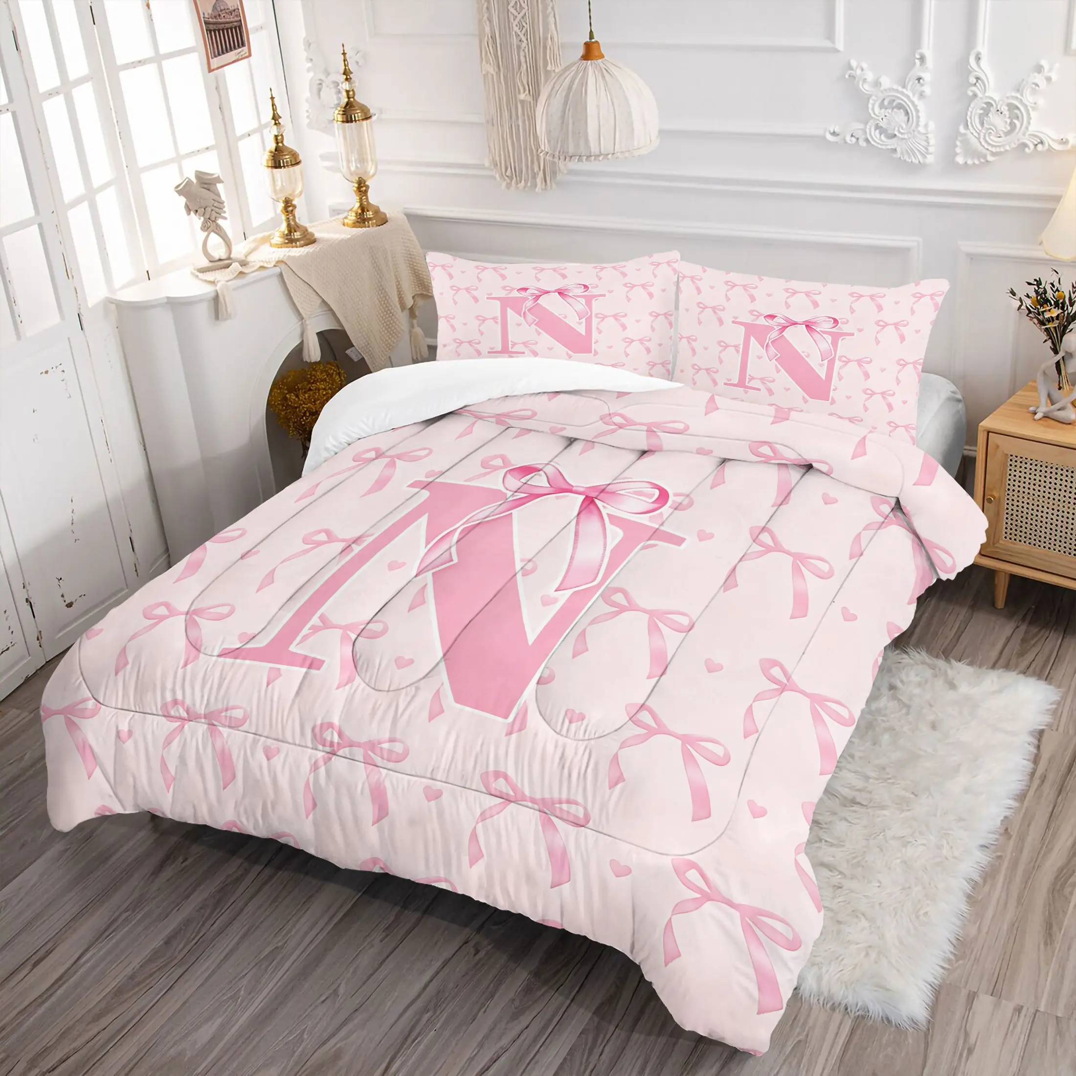 Princess Style Pink Bow Letter N Comforter Set Fluffy Warm All Season Bedding Set with 1 to 2 Pillowcases for Girls Bedroom Nursery Toddler Kids Teens Home Decor Gift Bed Sets Supplies