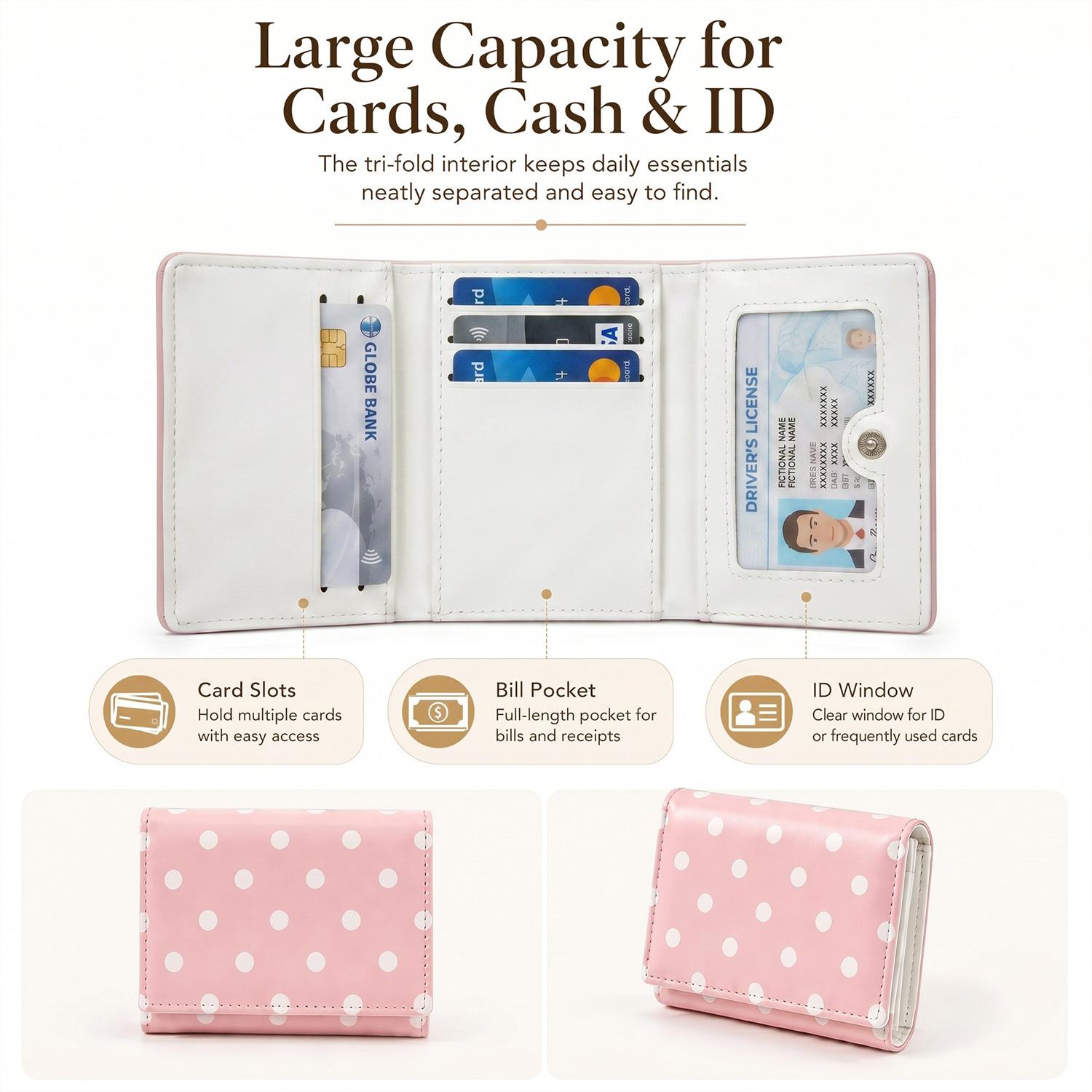 Cute Polka Dot Mini Wallet for Women, Slim Trifold Card Holder, Small Lightweight Purse for Cards, Cash, Travel & Daily Use