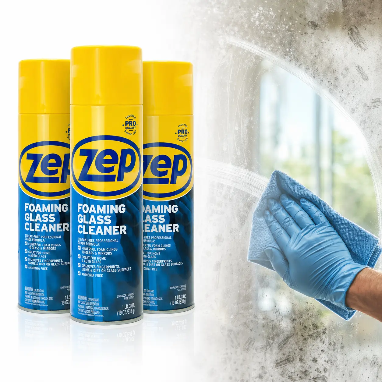 Zep Foaming Glass Cleaner 19 oz,professional glass cleaner,foam spray cleaner,crystal clear finish,oil soil remover,grime remover,clings to windows,mirror spray,auto glass cleaner,shower glass cleaner,office glass,home glass,Plexiglas cleaner,easy wipe