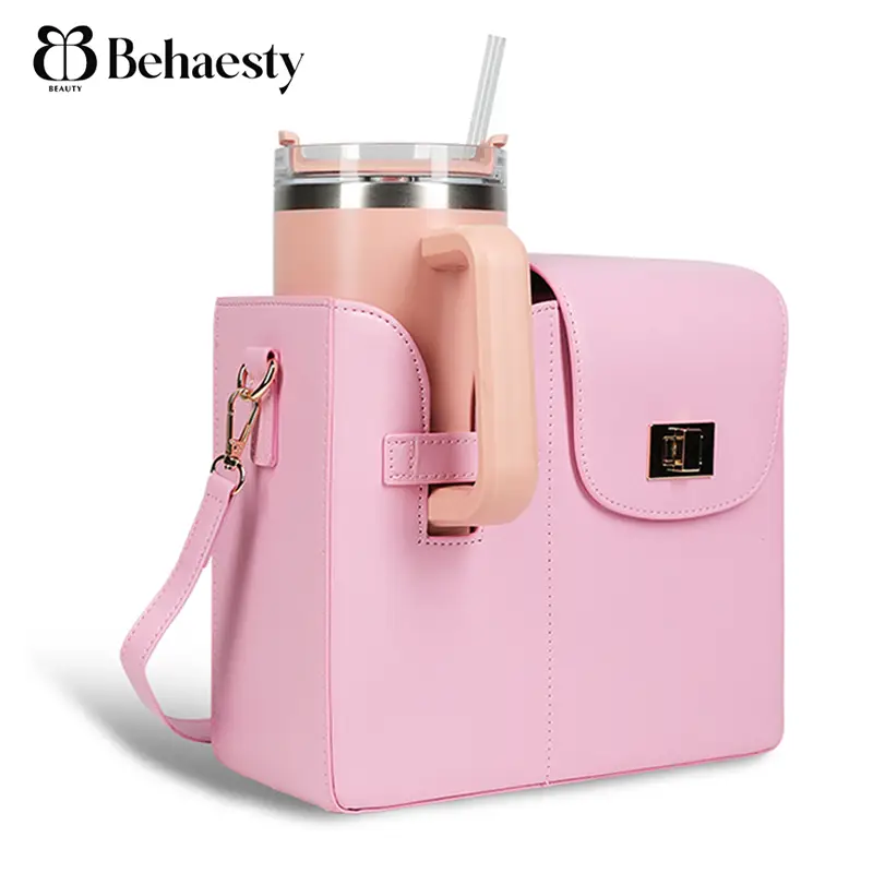 Behaesty Adjustable Crossbody Bag with Drink Holder & Wallet Storage Gym Work Travel Cup Accessories Leather Satchel for Women