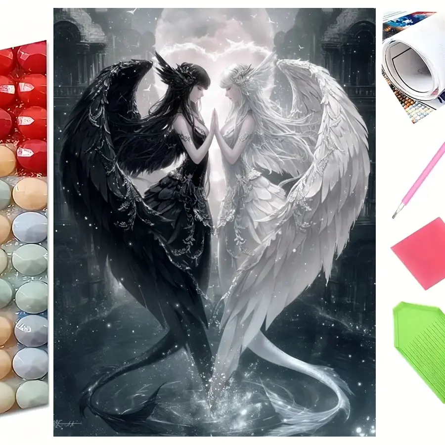 Black and White Twin Angels with Wings 5D Full Drill Diamond Painting Kit Mysterious Design with Shimmering Monochrome and Sparkle Accents Fantasy Art Style DIY Wall Decor Ideal Gift For Myth & Craft Enthusiasts