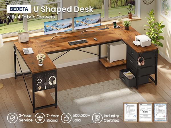 SEDETA 67" U Shaped Desk with 4 Fabric Drawers, Reversible Corner Computer Desk with Power Outlet & CPU Shelf, L Shaped Office Desk with Pegboard for Home Office