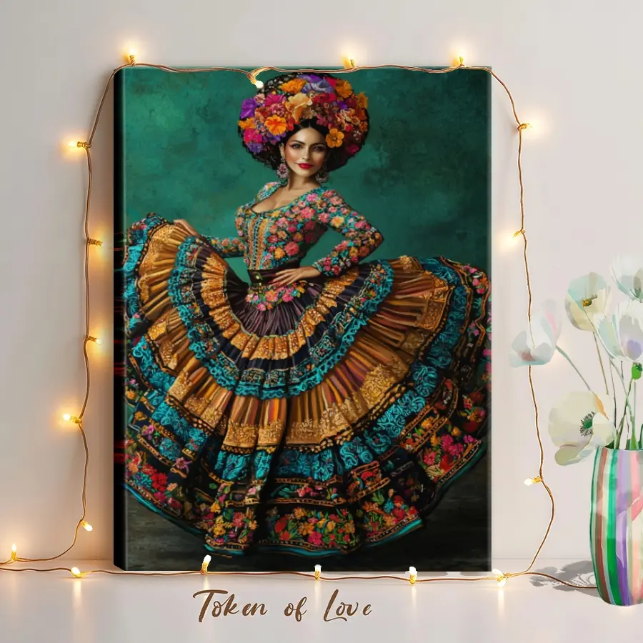 Mexico Wall Art, Winter Wall Art, Christmas Decorations The Dancing Mexican Woman, Wall Decor Poster for Room, Wood Framed Canvas Painting Photo Ornaments Artist Gifts 1pc