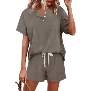 Two Piece Outfits for Women Lounge Sets Button Down Top and Shorts Set Sweatsuits with Pockets