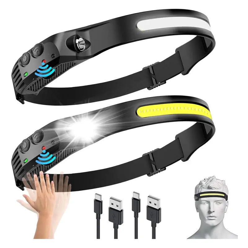 2-Pack Rechargeable LED Headlamp Flashlights - Unisex, Silicone Band, Ultra-Light, Strong Light, Waterproof, Motion Sensor, Compact Spotlight for Camping, Hiking/Cycling, Portable for Adults