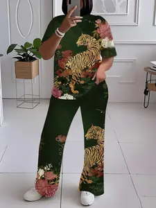 Large Size Women's Tiger Print Set, T-shirt And Wide Leg Pants Two-piece Set, Machine Washable, The Best Outfit for Spring And Summer, Perfect Gift Choice for June Day And Independence Day, The Best Gift for Family And Friends