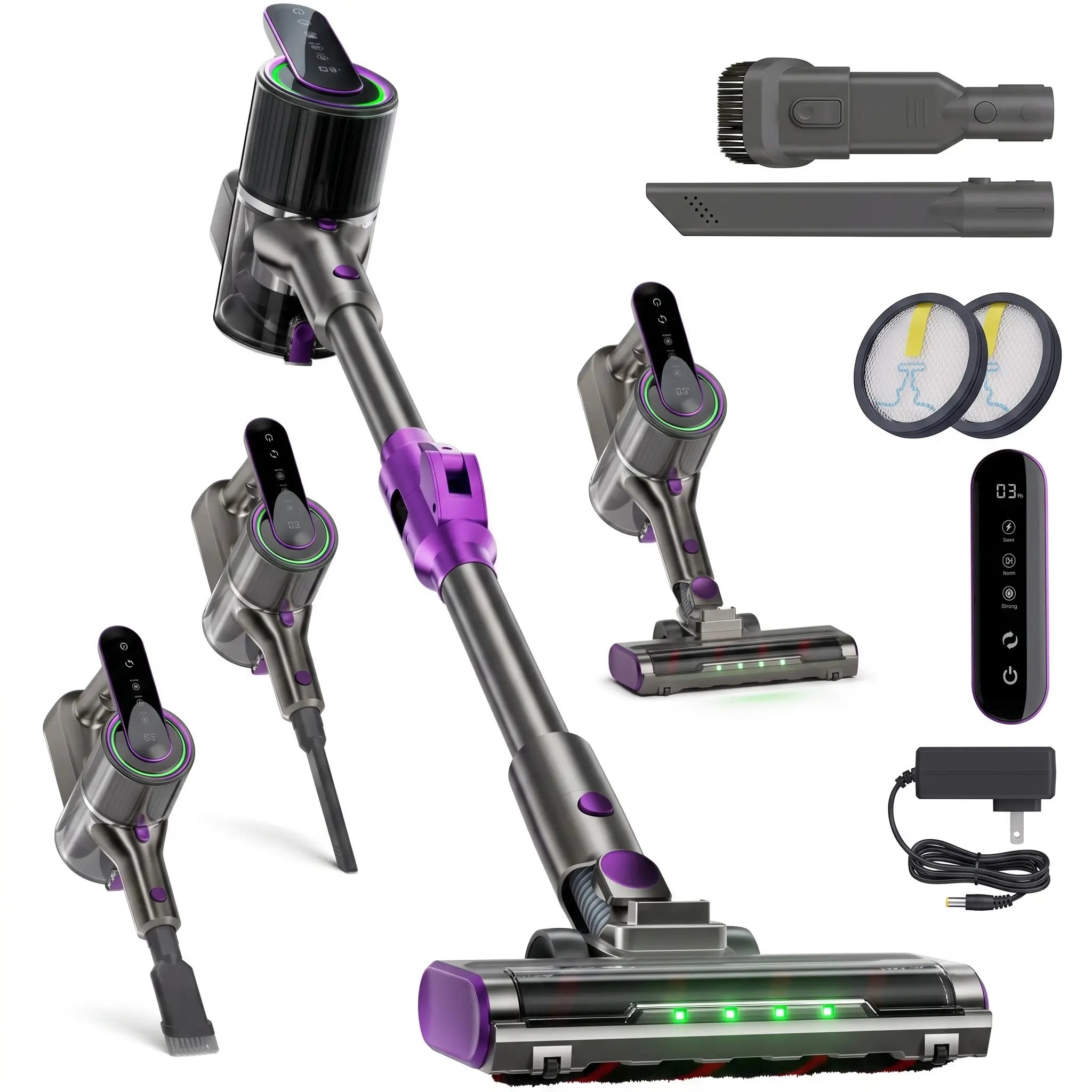 Cordless Stick Vacuum for Home, Up to 70-Min Runtime, Self-Standing Design with Anti-Tangle Brush, LED Display & Foldable Handle, 8-in-1 Lightweight Handheld Vacuum for Pet Hair, Carpets & Hard Floors