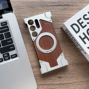 Wooden Design Magnetic Phone Case, 360° Rotatable Phone Protective Cover, Phone Accessories Compatible with Samsung S22 S23 S24 S25 Ultra