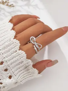 Elegant Bow Open Ring, Adjustable Rings, Fashionable Rhinestone Design, Luxurious Waterfall Diamond Accents, Perfect Gift for Her, Unique Rings