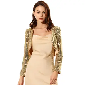 INSPIRE CHIC Women's Sequin Long Sleeve Open Front Cropped Cardigan Shrug Jacket Gold Small