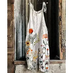 Loose Hippie Overalls Women's Summer Cotton Linen Jumpsuit Printed Suspenders Casual Jumpsuit Beach Pants Dress Women's Fitted Comfortable Overalls Elegant Womenswear Oversized