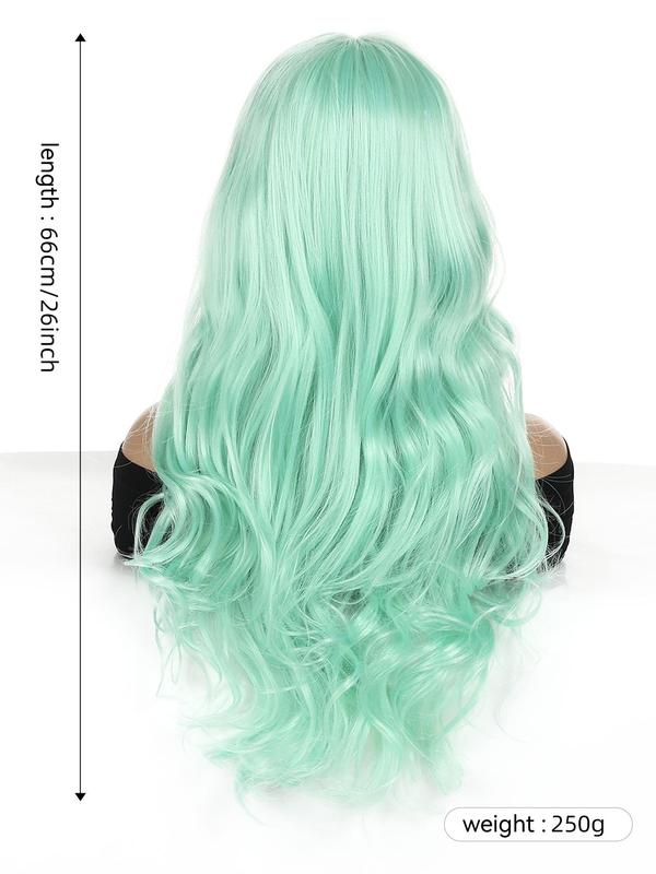 26 Inch Mint Green Long Curly Wigs for Women, Gorgeous Fluffy Wigs with Blunt Bangs, Synthetic Full Machine Wigs for Party, Daily Use