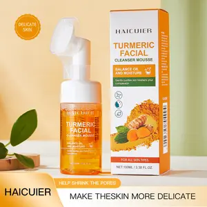 Turmeric Foaming Facial Cleanser with Silicone Brush - HAICUER 3.38oz, Brightening & Moisturizing Face Wash for Dull Skin Cleansing