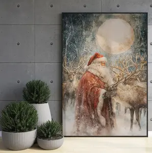 Santa Claus with Reindeer Wall Art Poster, Traditional Christmas Scene Xmas Wall Decor Winter Deer Poster