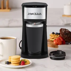 PANCERKA Single Serve Coffee Maker, Portable Travel Small Coffee Machine with 14oz Stainless Steel Insulated Travel Mug, Compatible with Coffee Grounds, Includes Reusable Filter