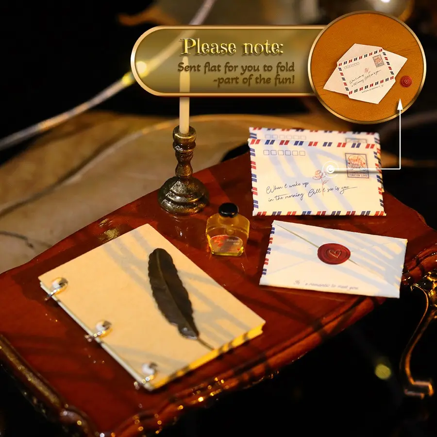 Victorian-Style Dollhouse Study Accessories Set, Doll House Accessory, Miniature Envelopes & Candlesticks, Notebook Inkwell Quill Pen, Perfect Desktop Decoration