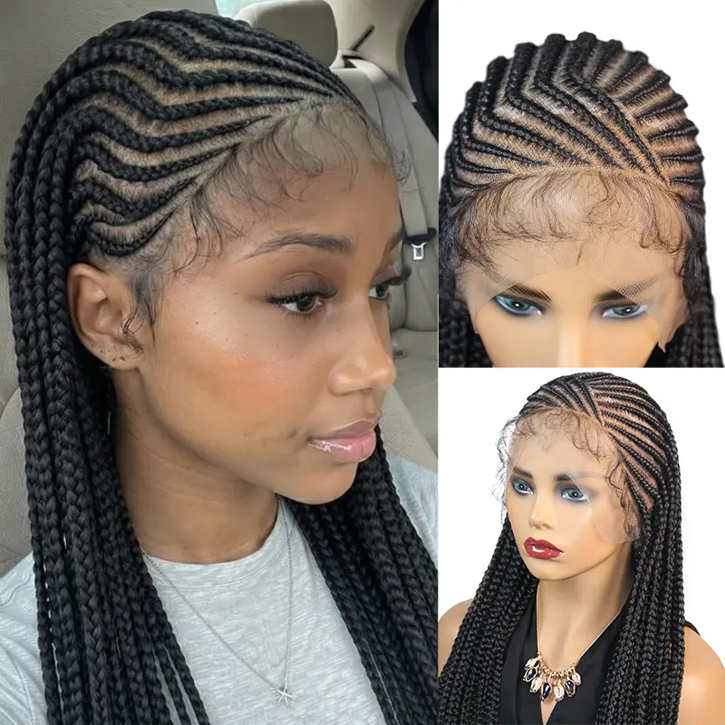 36 Inch Long Fulani Braids Lace Front Glueless Wig Heat Resistant Synthetic Cornrow Braided Wig For Black Women Natural Baby Hair Realistic Hairline Comfortable Wear Trendy Protective Hairstyle #HairTok #FulaniBraids #BraidedWig