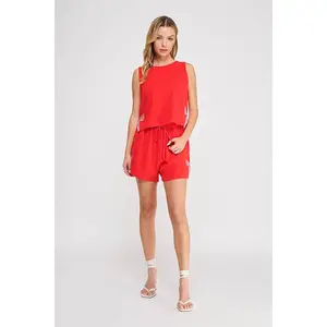Red Gingham Bow Two-Piece Shorts Set Lightweight Breathable Fabric Casual Chic Everyday Womenswear Feminine Fashion 60% Linen 40% Viscose Adjustable Elastic Waistband - Clothes