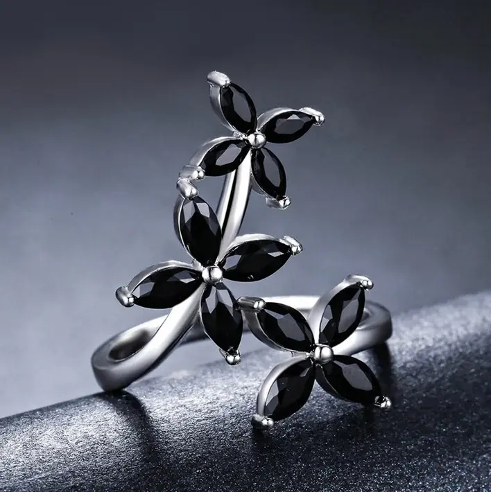Elegant Silver Plated Black Spinel Flower Adjustable Ring