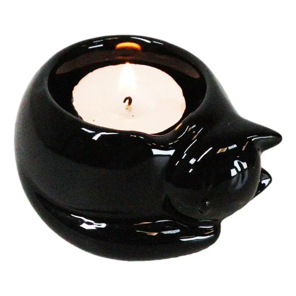 Pack Of 2 Wicca Ceramic Sleeping Black Feline Cat Tea Light Votive Candleholder
