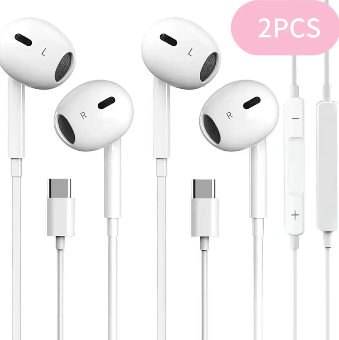 2 Pack USB-C Wired In-Ear Headphones | Inline Mic Volume Control Music Call For iPhone 15 16 17 Galaxy Pixel