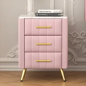 [Bellemave]Upholstered Wooden Nightstand with 3 Drawers and Metal Legs&Handles, Bedside Table with Marbling Stickers Worktop - Pink