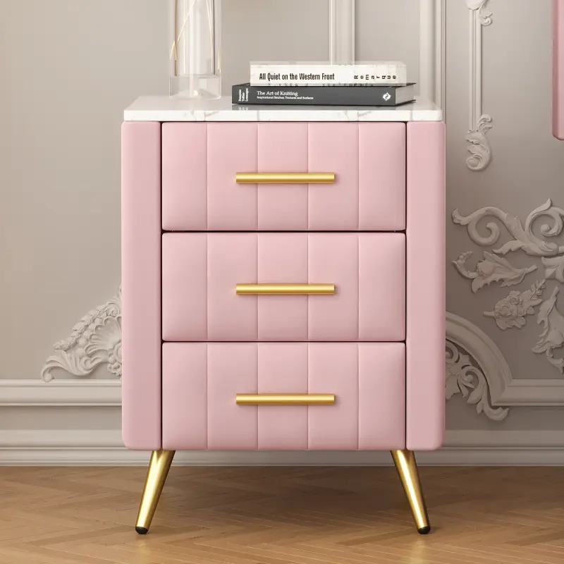 [Bellemave]Upholstered Wooden Nightstand with 3 Drawers and Metal Legs&Handles, Bedside Table with Marbling Stickers Worktop - Pink
