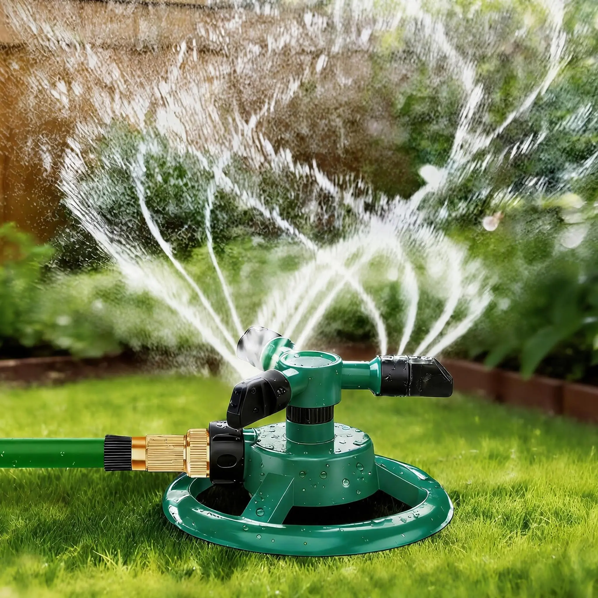 Heavy Duty Plastic Brass Outdoor Rotating Head Lawn Sprinkler - 360° Full-Circle Rotation, 3 Nozzles, Adjustable Flow, Arc Pattern, Even Wetting Automatic Water Sprayer for Yard & Vegetable Gardens