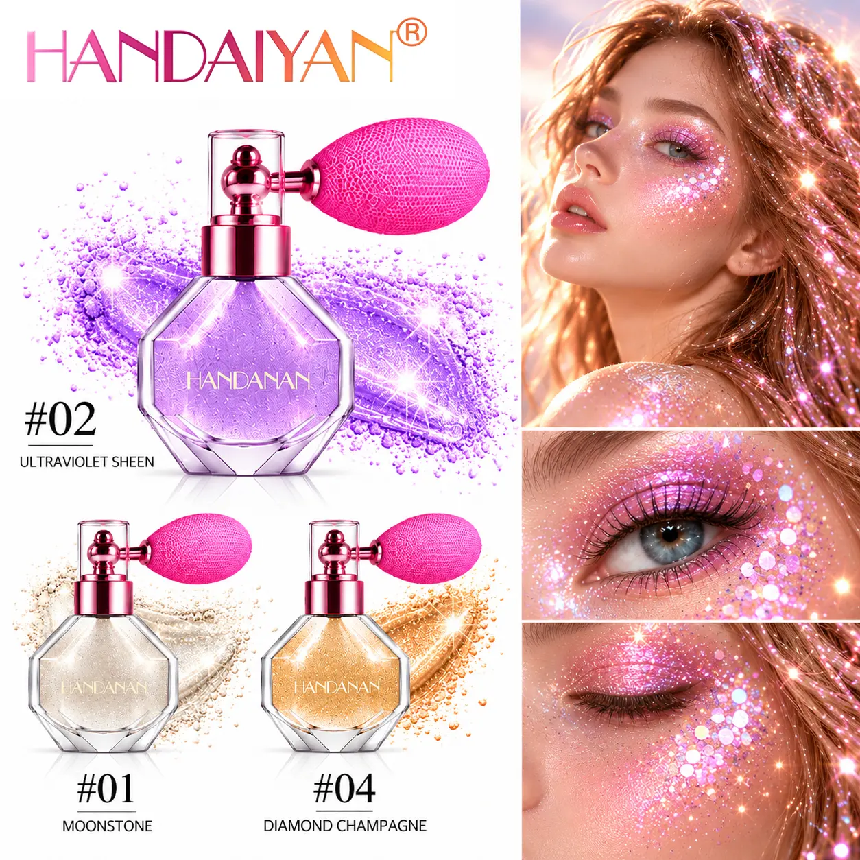 Magic Shimmer Highlighter Powder Spray for Face, Body & Hair, Synthetic Mica Glitter Makeup, Lightweight Long-Lasting Sparkling Glow, Air Pump Luminous Highlight for Cheeks, Shoulders, Collarbone, Party Festival Daily Radiant Makeup