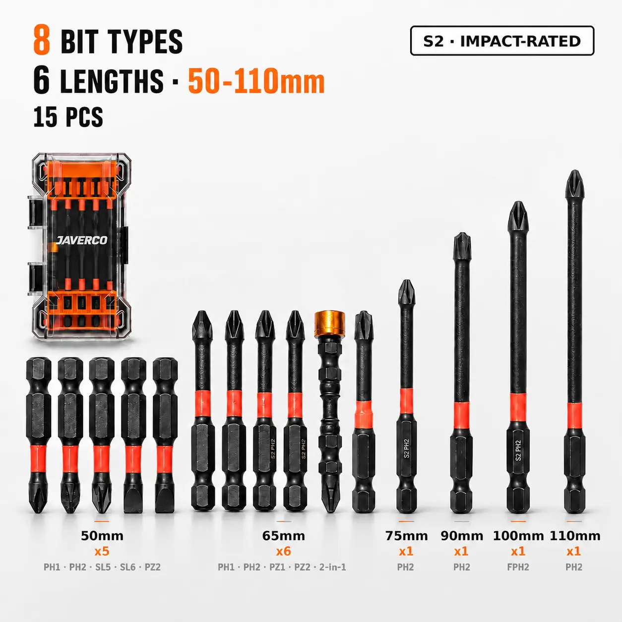 Javerco 15-Piece 1/4-Inch Hex Shank Screwdriver Bit Set, S2 Steel 50–110mm Long Bits, PH1/PH2, PZ1/PZ2, SL5/SL6 & FPH2, with 65mm Magnetic Collar Double-Ended Bit, for Drills and Electric Screwdriver