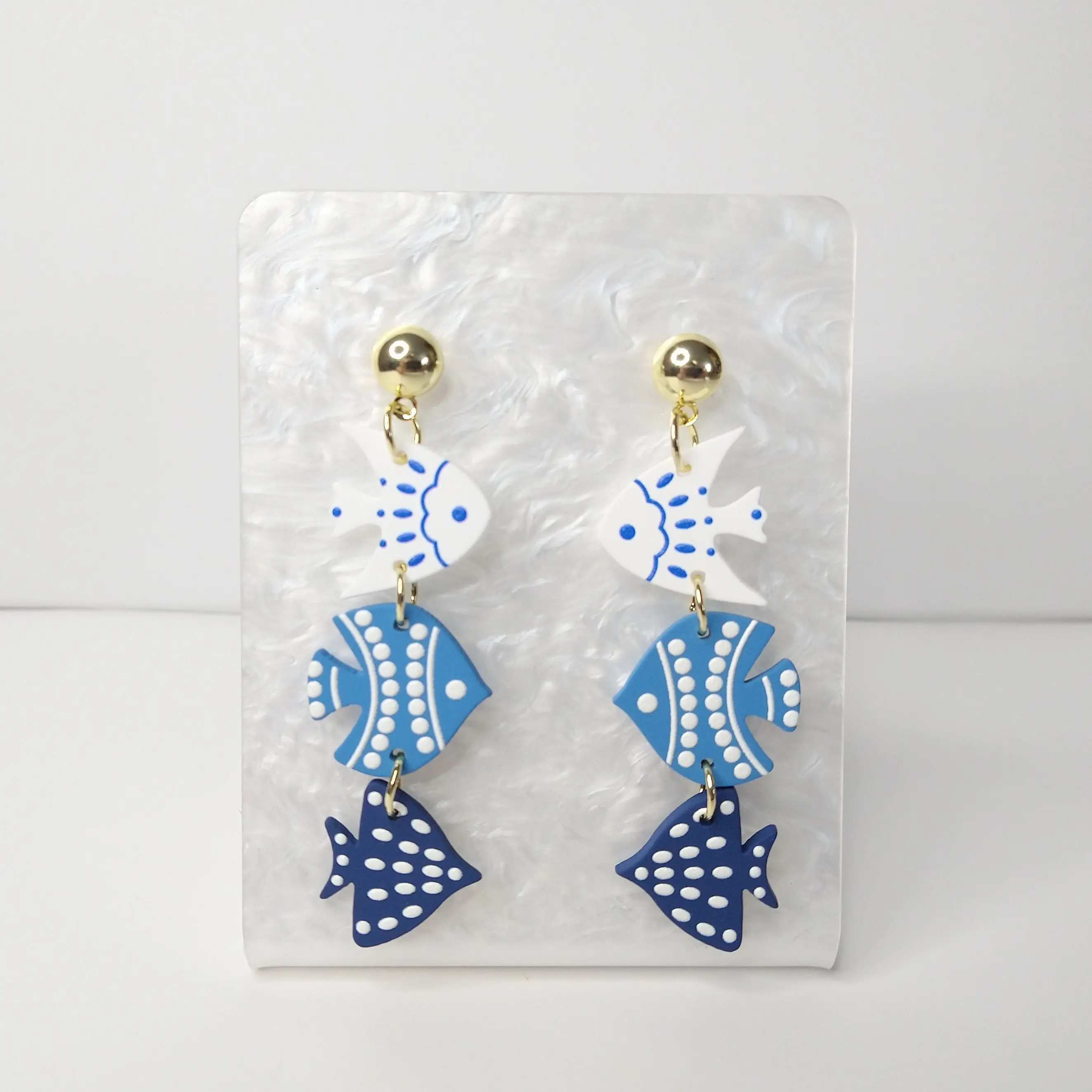 #444 Triple Blue & White Tropical Fish with Gold Ball Stud Earrings, Casual, Beach, Tropical, Summer, Jewelry