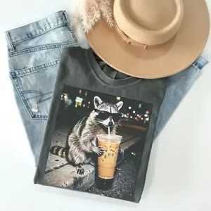 Comfort Colors Funny Raccoon Drinking Iced Coffee Shirt, Animal Meme Graphic Tee