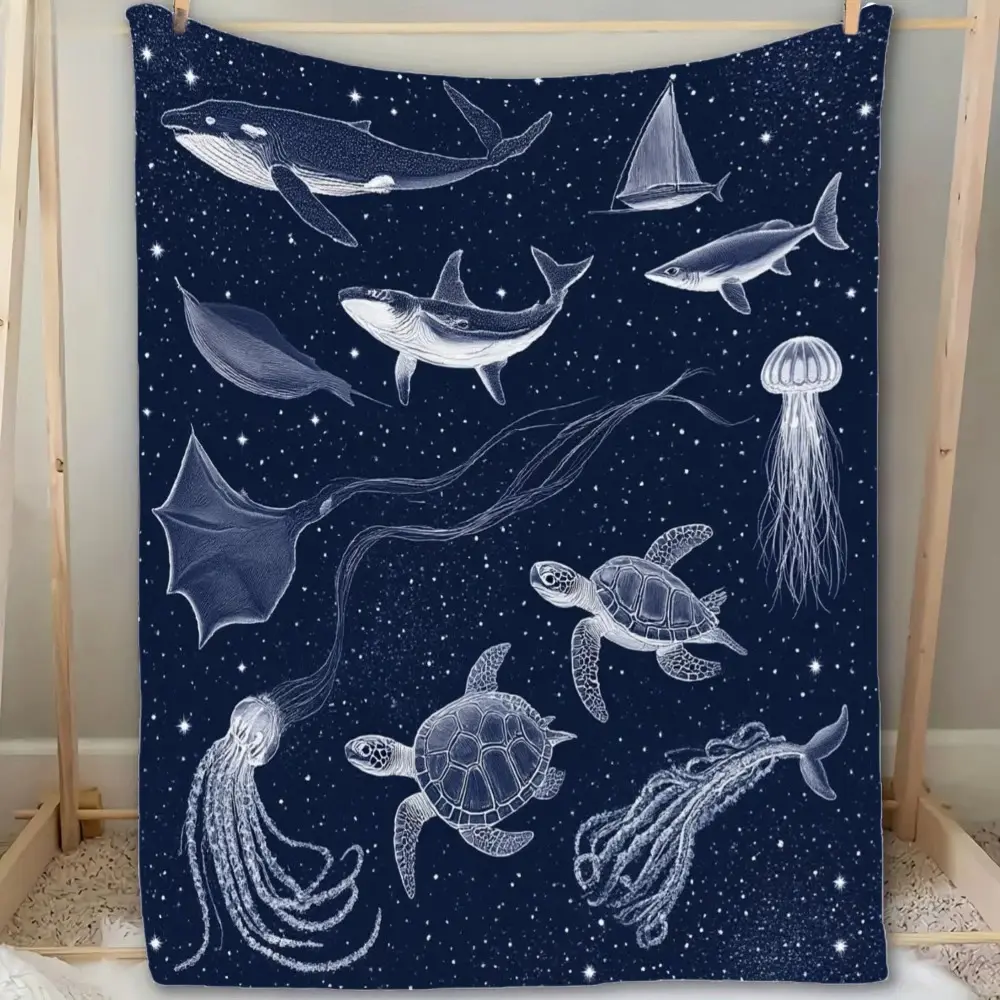 Mystical Ocean Creature Flannel Blanket Whale Shark Manta Ray Octopus Deep Sea Print Dark Blue Tones Ultra Soft Plush Feel Cozy Cave Lounge Bedroom Sofa Wonder Machine Washable Durable Nature Escape Gift