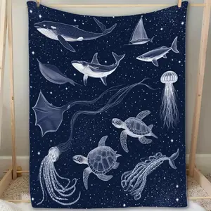 Mystical Ocean Creature Flannel Blanket Whale Shark Manta Ray Octopus Deep Sea Print Dark Blue Tones Ultra Soft Plush Feel Cozy Cave Lounge Bedroom Sofa Wonder Machine Washable Durable Nature Escape Gift