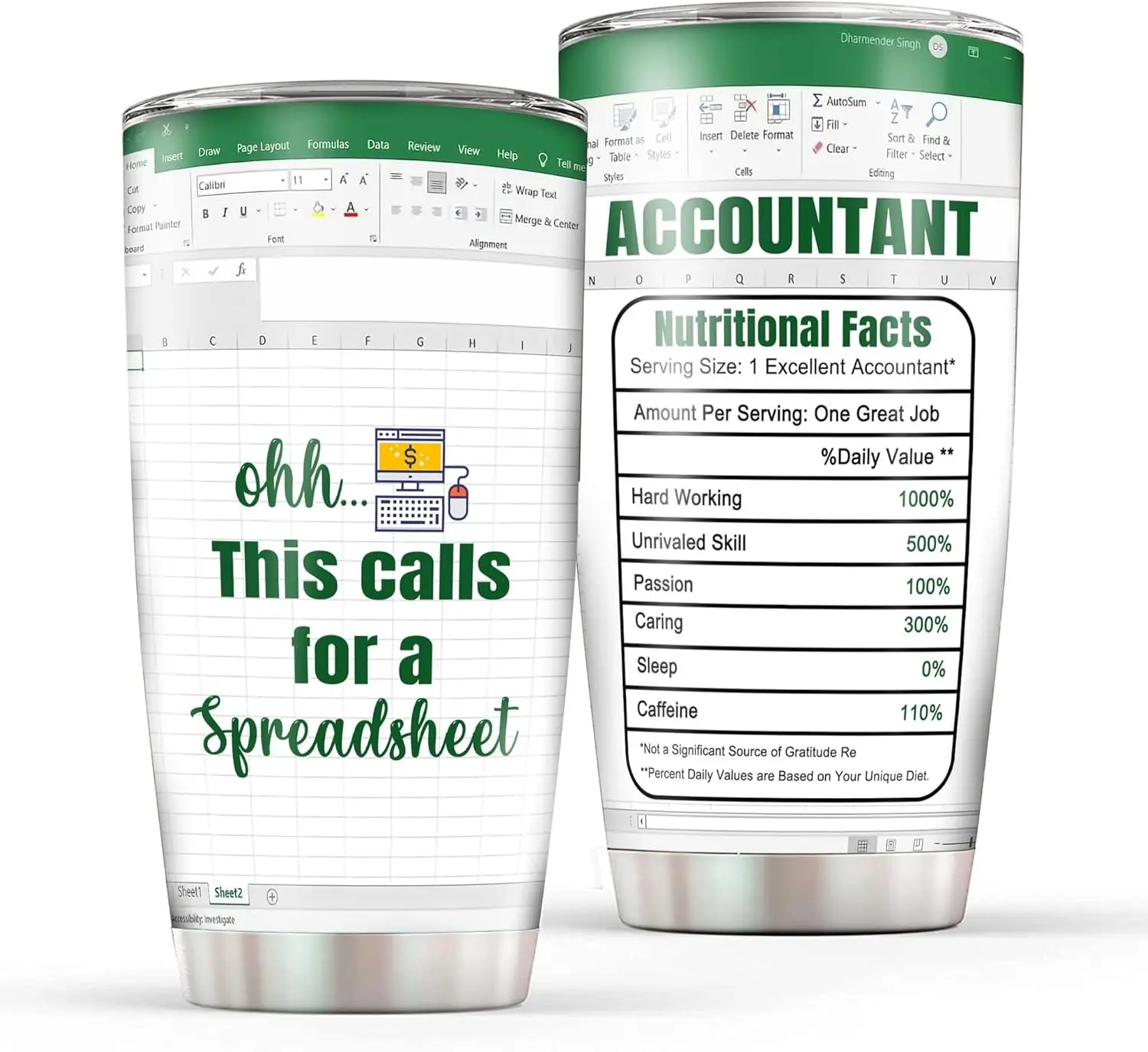 Accountant Spreadsheet Stainless Steel Tumbler Cup, Office Travel Mug, Gift for Accountant, Analyst, Bookkeeper, Coworker, Boss, Desk Coffee Accessory