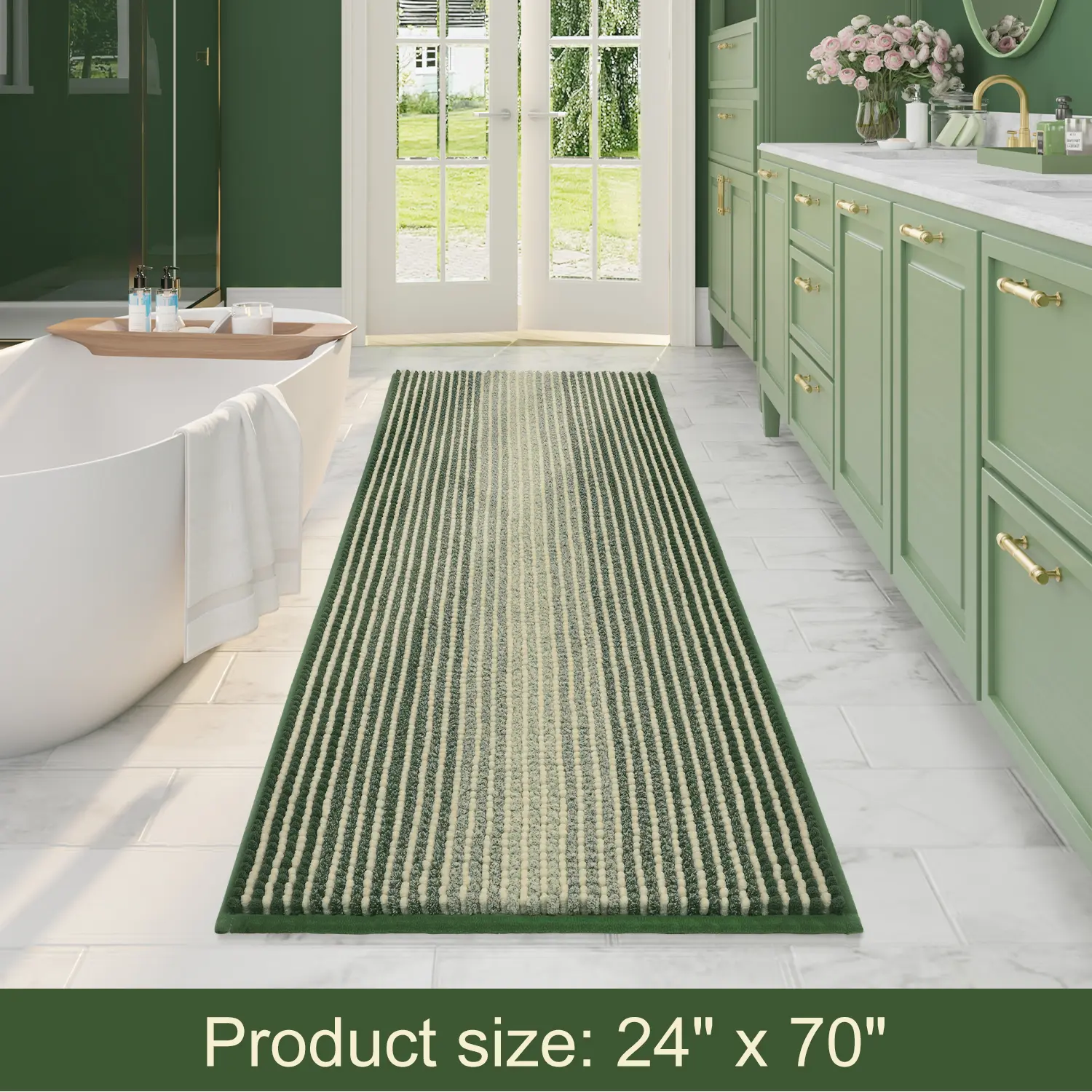 Large Bathroom Rugs, Bath Mat Rug for Bathroom Non Slip 24 x 70 Inches Water Absorbent Chenille Bathroom Runner Rugs Floor Mats Machine Washable (Sage and Cream)