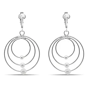 Silver Triple Beaded Hoops Clip On Dangling Earrings