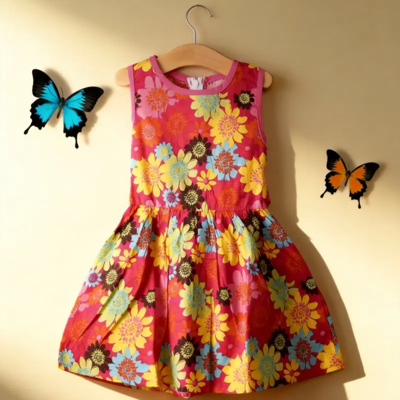 Girls Princess Dress, Rosy Sleeveless Round Collar Floral Printed Pattern , 2-7 Years, 2-3 Years, 5 - 6 Years