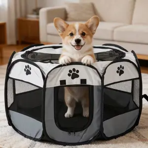 Pet Playpen Octagon Foldable Puppy Fence Gate Indoor Outdoor Cat Tent House Dog Crate Small Animals Enclosure Portable Kennel Kitten Cage Rabbit Hutch Travel Cage