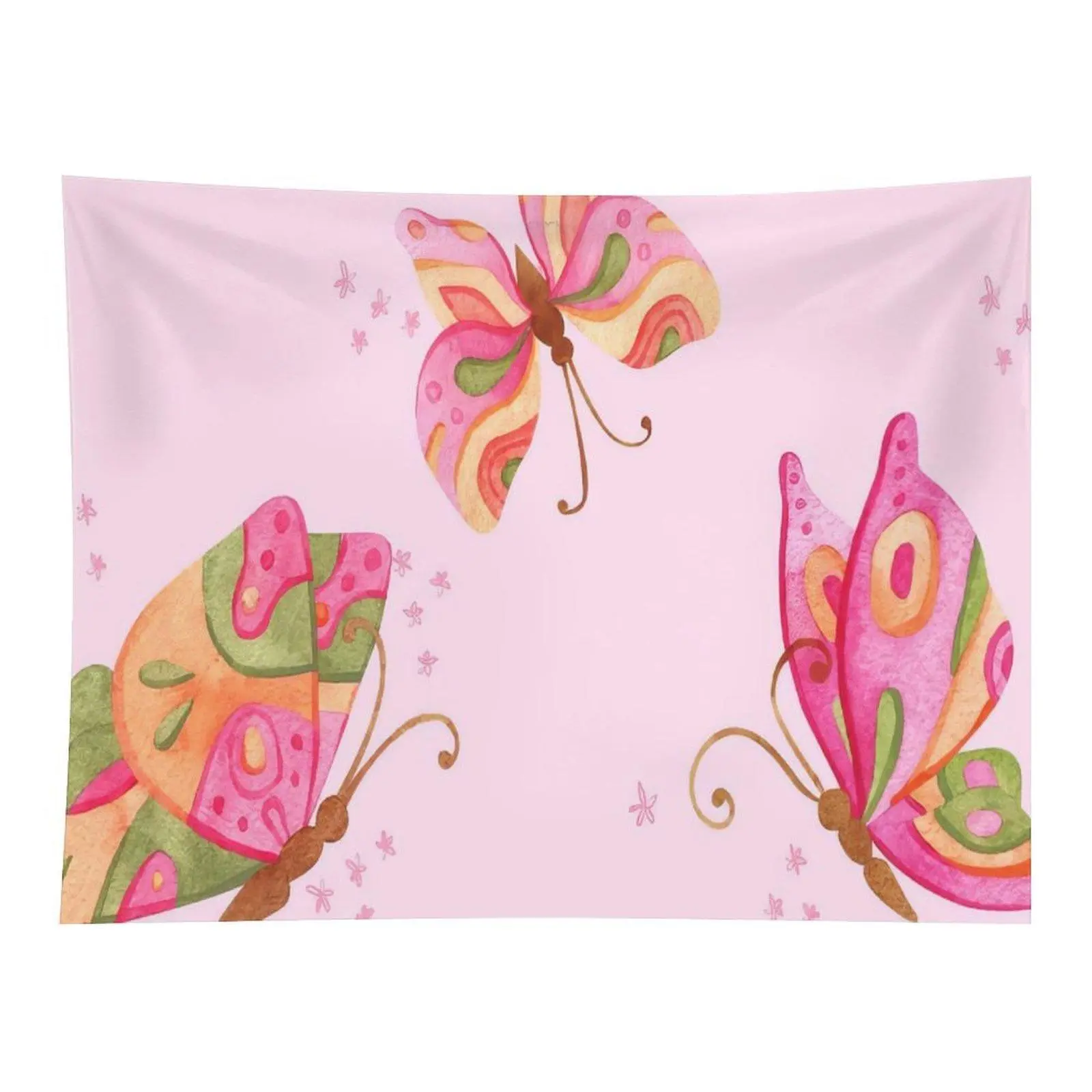 Soft Watercolor Pink Orange Green Butterfly Light Pink Background Wall Tapestry Wall Hanging, Cute Gentle Pastel Insect Art Decor for Girls Bedroom Nursery Dorm Vanity Backdrop