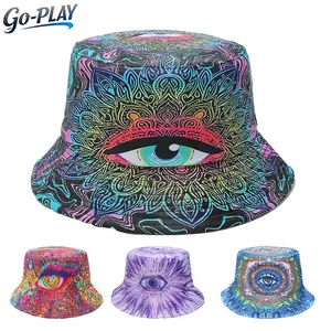 Reversible Trippy Bucket Hat - All Seeing Eye Psychedelic Print 2 Styles In 1 Lightweight UV Protection Fisherman Cap Unisex for Music Festival Rave Party Beach Outdoor