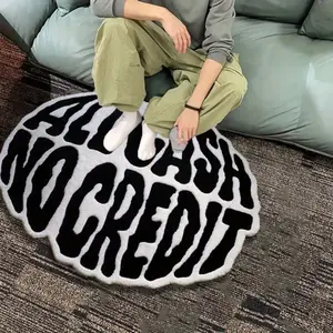 American street ALL CASH NO CREDIT letter shape sofa carpet black and white contrasting special-shaped carpet wavy edge design living room decoration plush carpet ins trendy and personalized non-slip glare floor mat Machine Washable Rugs