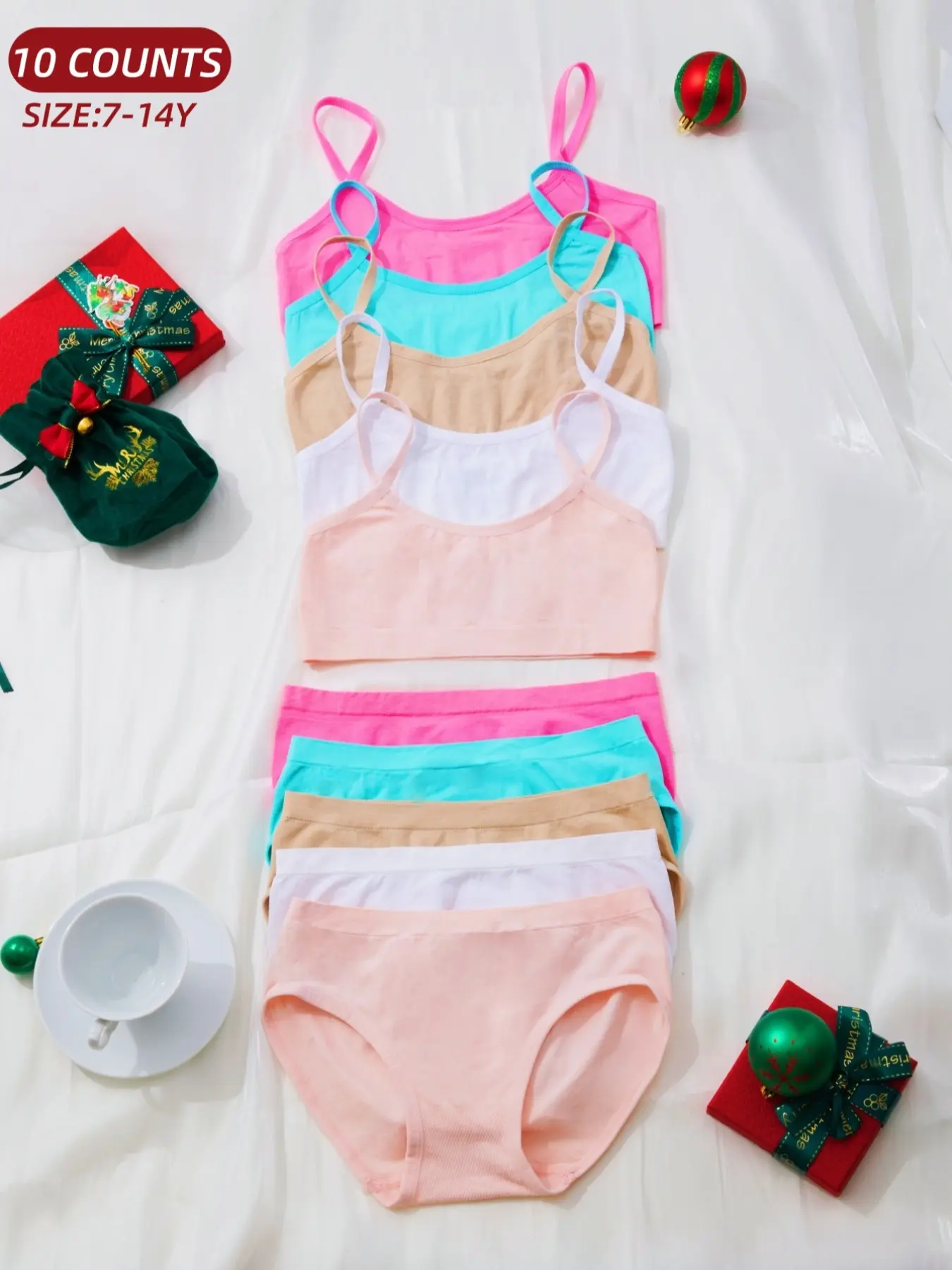 Cute Girls' Bras & Thongs Sets, Breathable Comfort Layered Bra + Casual Briefs  Ages 7-14, All Seasons,Youth Underwear for Christmas, Casual Soft Panties