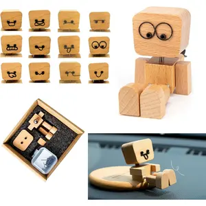 Shaking  Wooden Man Figurine with Spring , Cute Wobbly Wooden Statue for  Dashboard & Desk Decor, Customizable  Expression Doll with Storage Box, Fun  for Drivers &