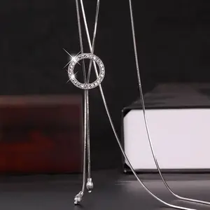 Circle Sparkling Cubic Zirconia Long Pendant Silver Sweater Chain Statement Necklace for Women with Metal Coating