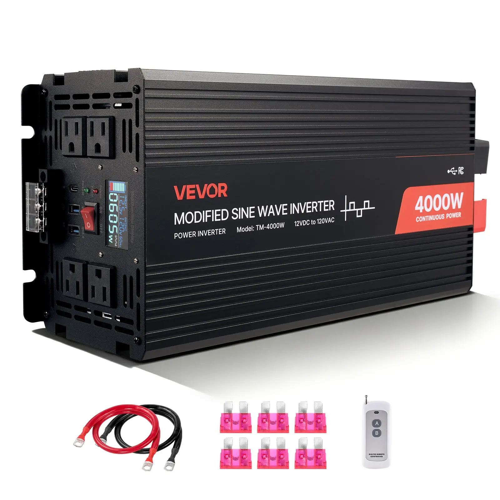 VEVOR 4000W Modified Sine Wave Power Inverter - 12V DC to 120V AC, 11.68 lbs, Aluminum Alloy, Outdoor Ready, Vehicle Power Converter with LCD Display, Remote Control, Smart Cooling Fan, 2 USB Ports, 4 AC Outlets, Type-C Port for RV, Truck (200W & Above),