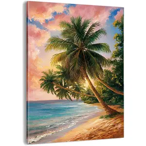 16x24 Inch Framed Sunset Beach Wall Art Tropical Ocean Canvas Print with Palm Trees Golden Sand and Blue Sea Coastal Landscape Picture for Bedroom Bathroom Living Room Decor (Sunset Beach 1, 20"*30")